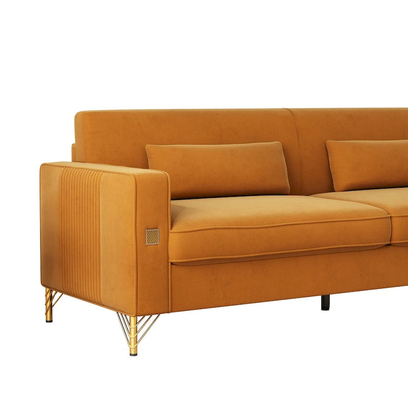 Orange Velvet Three-Seat Sofa with Gold Accents
