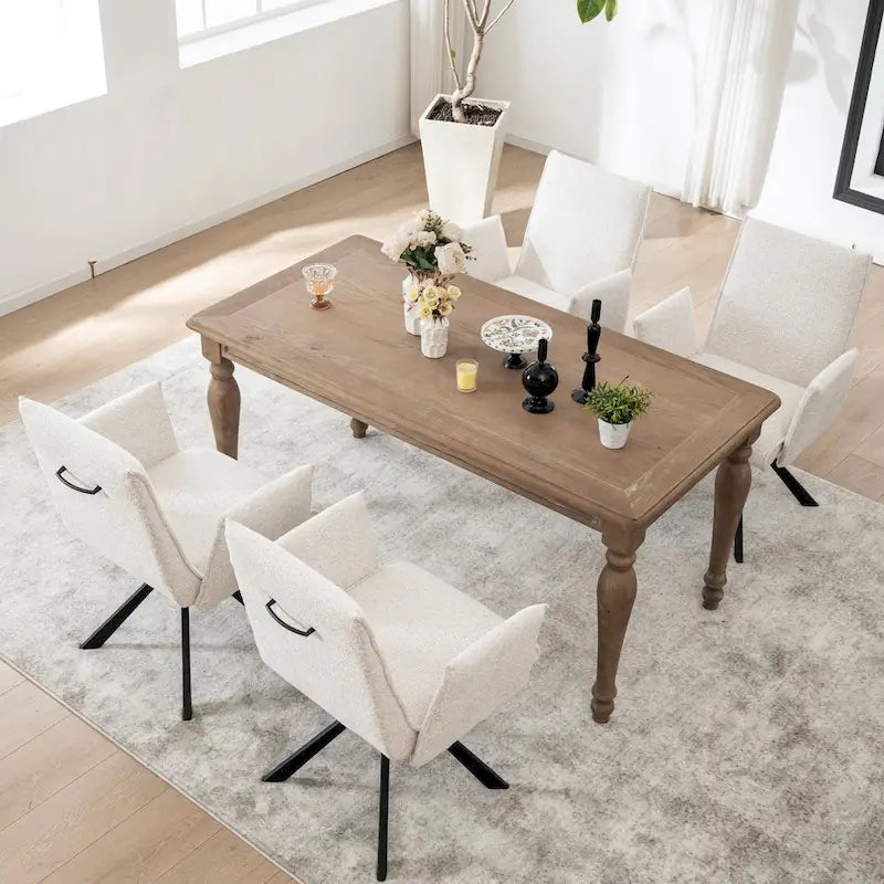 Drehbarer Esszimmer-Armlehnstuhl mit Bouclé-Bezug und Metallbeinen