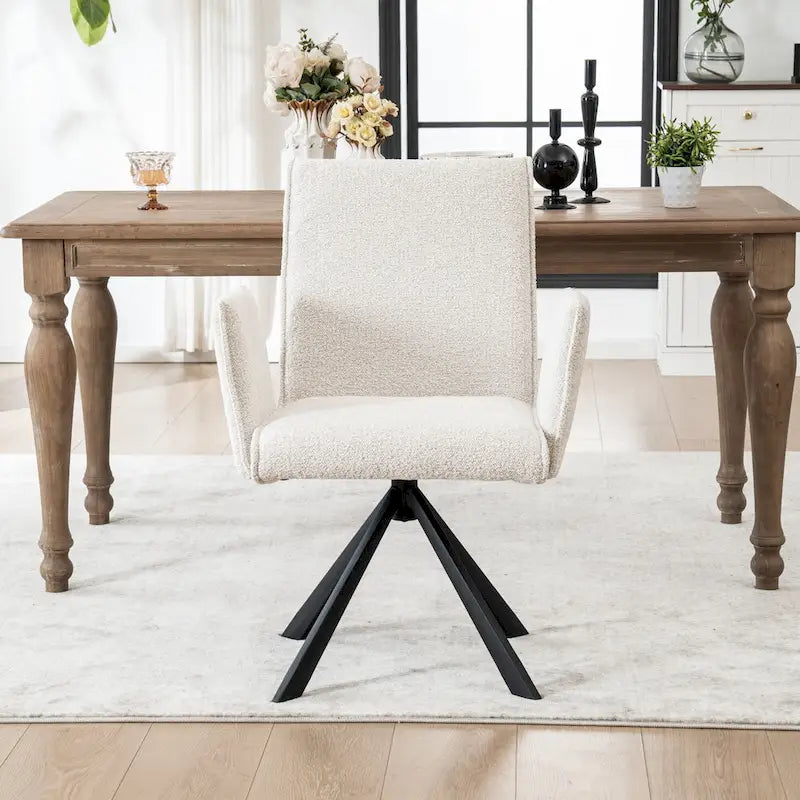 Drehbarer Esszimmer-Armlehnstuhl mit Bouclé-Bezug und Metallbeinen