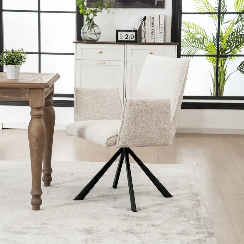 Drehbarer Esszimmer-Armlehnstuhl mit Bouclé-Bezug und Metallbeinen
