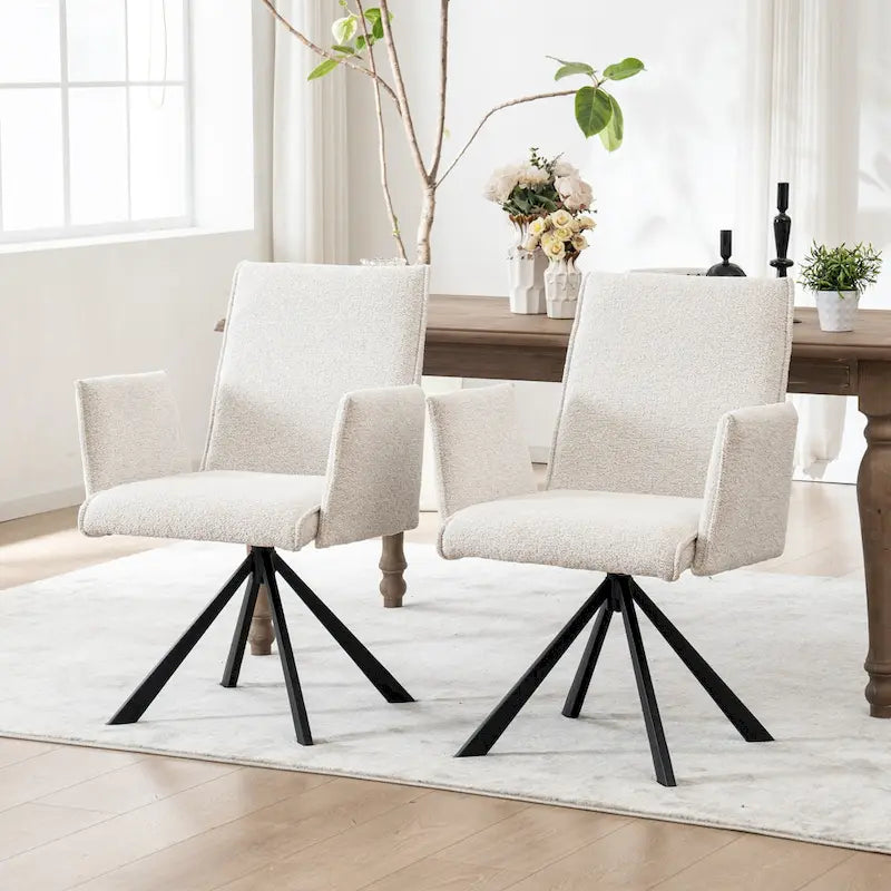 Drehbarer Esszimmer-Armlehnstuhl mit Bouclé-Bezug und Metallbeinen