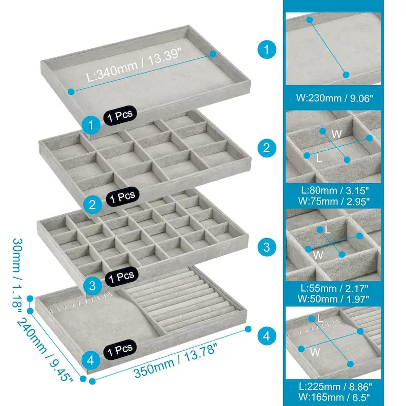Bandejas apilables para joyas de terciopelo con tapa, juego de 4