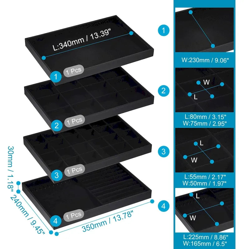 Bandejas apilables para joyas de terciopelo con tapa, juego de 4