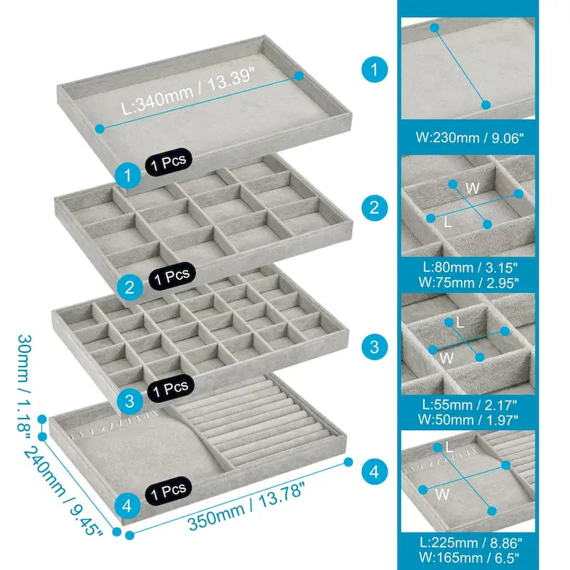 Stapelbare Samt-Schmucktabletts mit Deckel, 4er-Set