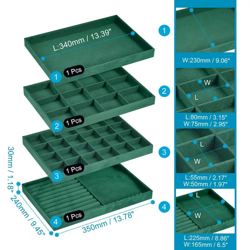 Stapelbare Samt-Schmucktabletts mit Deckel, 4er-Set