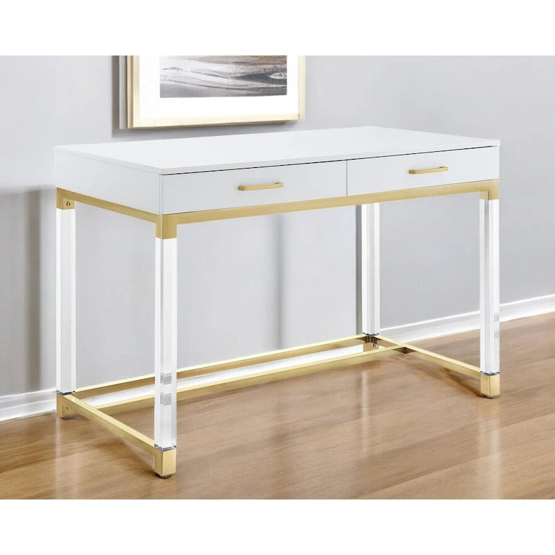 HomeRoots 48 White Clear and Gold Wood Acrylic and Stainless Steel Writing Desk With Two Drawers