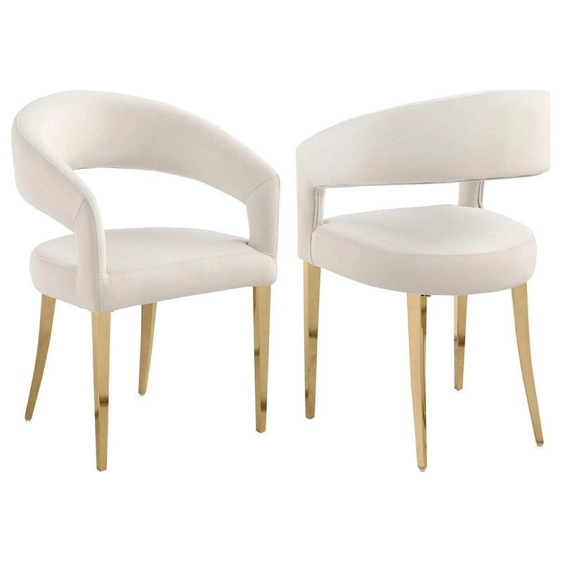 Liano Dining Chair Set of 2, Curved Open Back, Gold Legs, White Fabric