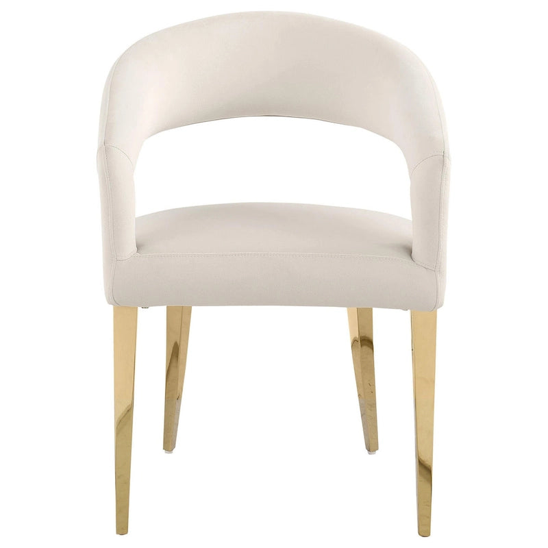 Weiße Esszimmer-Armlehnstühle mit offener Rückenlehne und goldfarbenen Beinen, 2er-Set