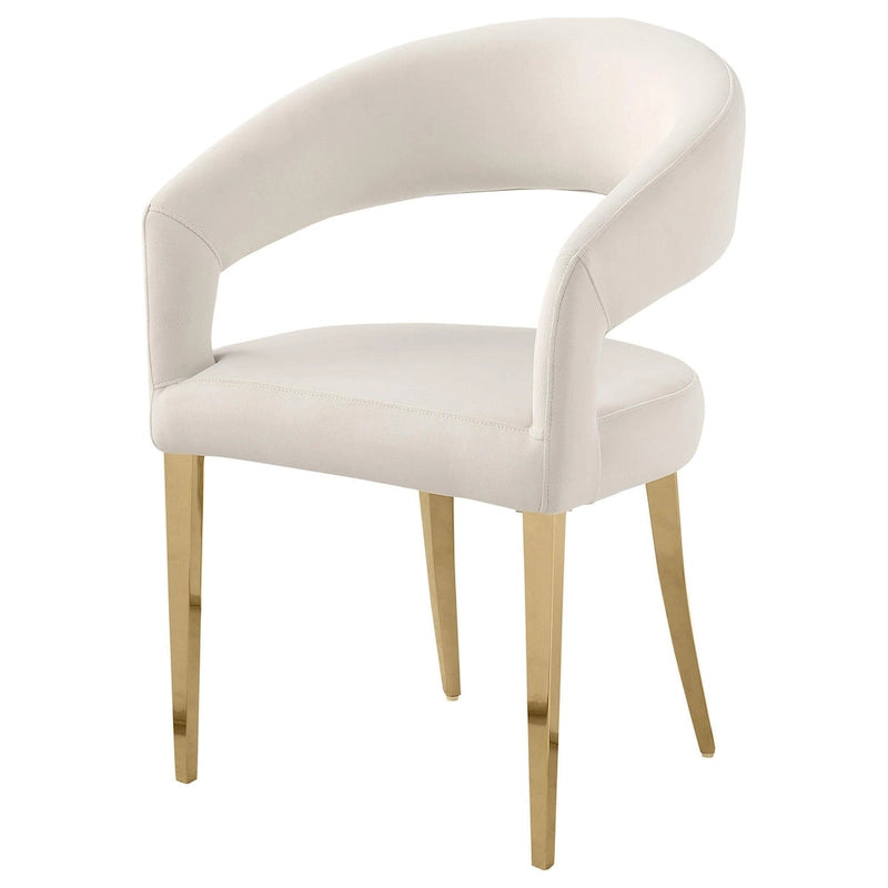 Sillas de comedor blancas con brazos y respaldo abierto, patas doradas, juego de 2