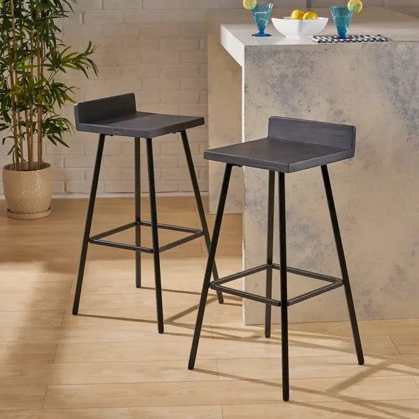 Taburetes de bar de madera de acacia con patas de hierro, juego de 2