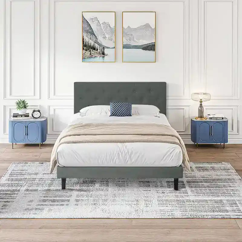 Letto singolo imbottito grigio scuro con testiera capitonné