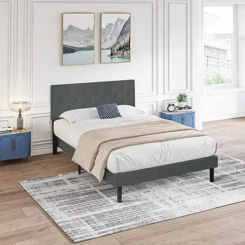 Letto singolo imbottito grigio scuro con testiera capitonné