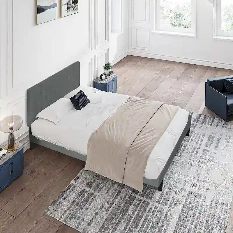 Cama tapizada individual gris oscuro con cabecero capitoné