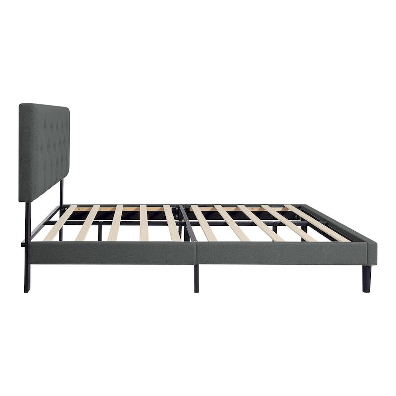Cama tapizada individual gris oscuro con cabecero capitoné