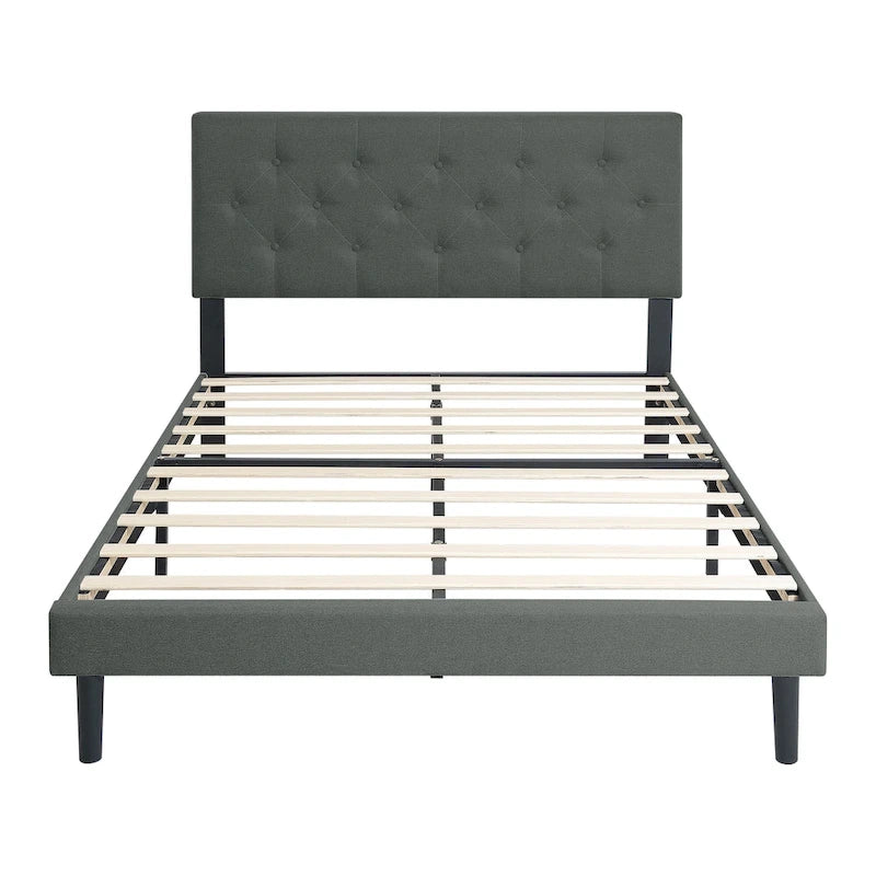 Cama tapizada individual gris oscuro con cabecero capitoné