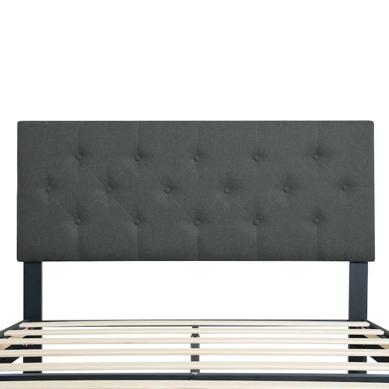 Cama tapizada individual gris oscuro con cabecero capitoné