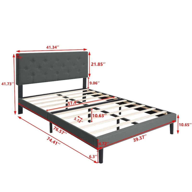 Cama tapizada individual gris oscuro con cabecero capitoné