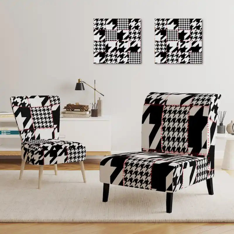 Black and White Houndstooth Upholstered Armchair