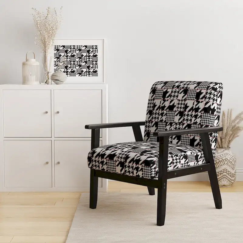 Black and White Houndstooth Upholstered Armchair