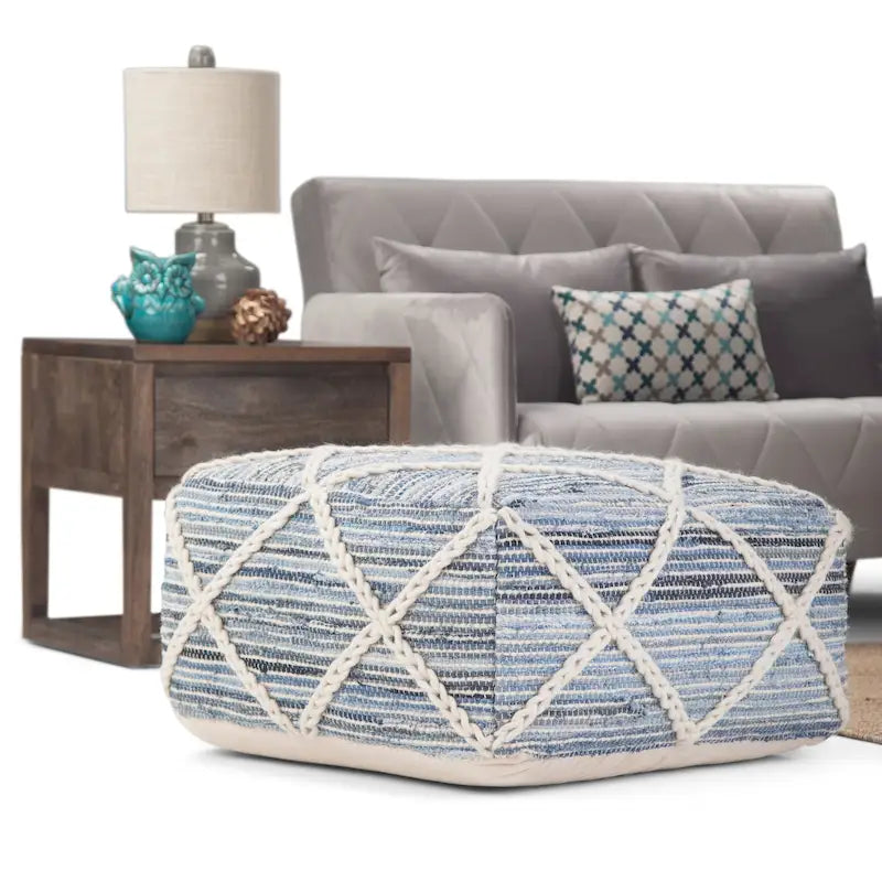 20-Zoll-quadratischer Pouf aus handgewebter Wolle und Baumwolle