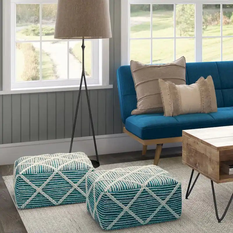 20-Zoll-quadratischer Pouf aus handgewebter Wolle und Baumwolle