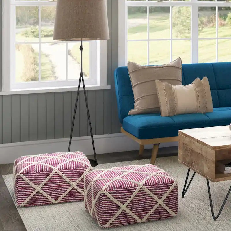 20-Zoll-quadratischer Pouf aus handgewebter Wolle und Baumwolle