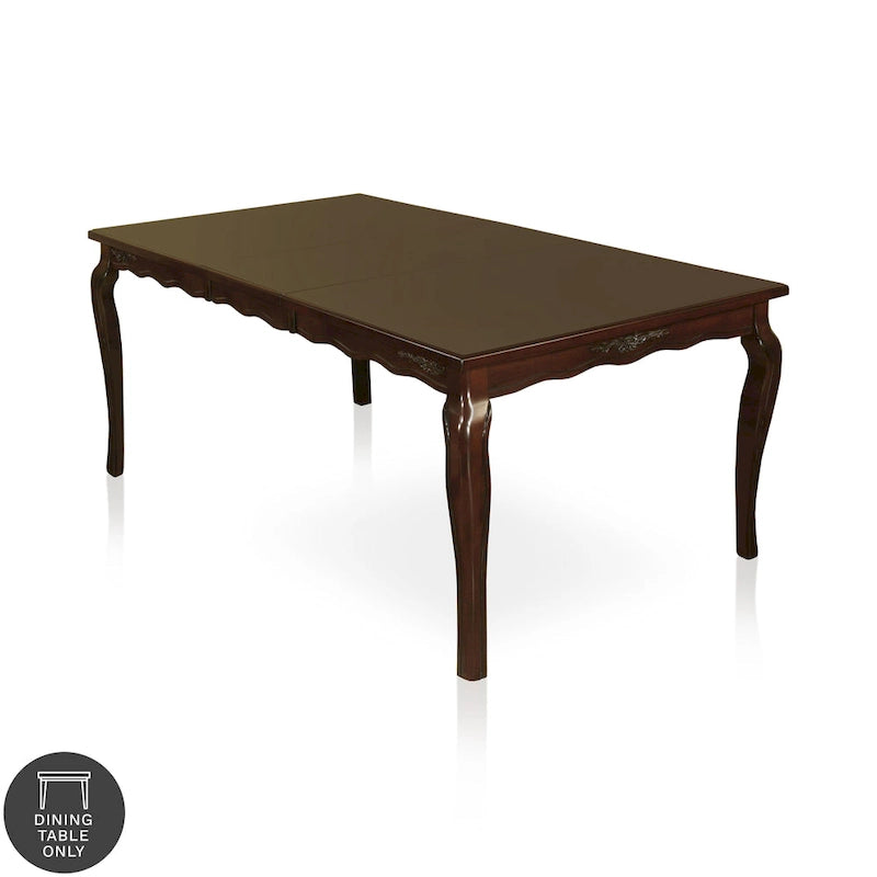 Mesa de comedor tradicional con acabado de nogal oscuro y detalles tallados