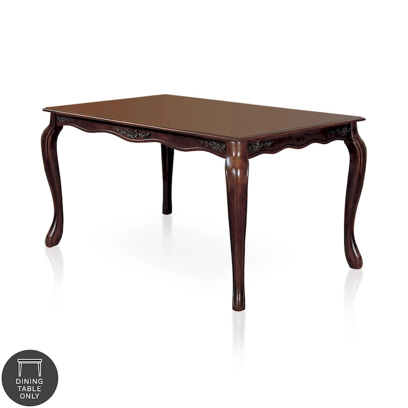 Mesa de comedor tradicional con acabado de nogal oscuro y detalles tallados