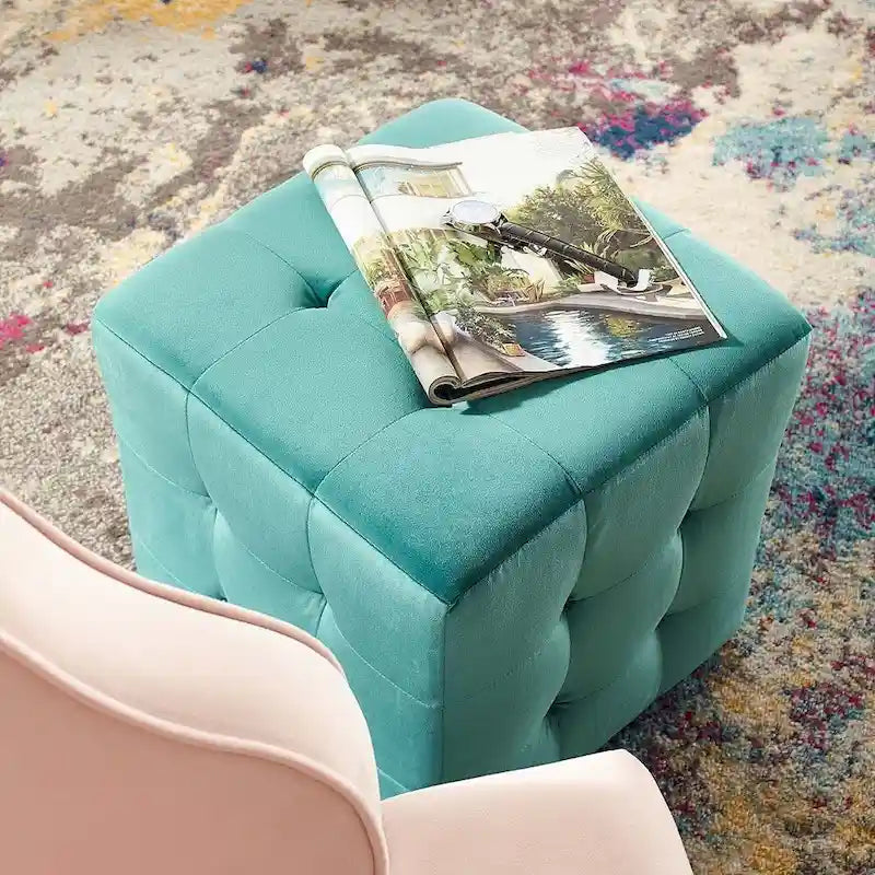 Pouf cubico trapuntato in velluto color verde petrolio