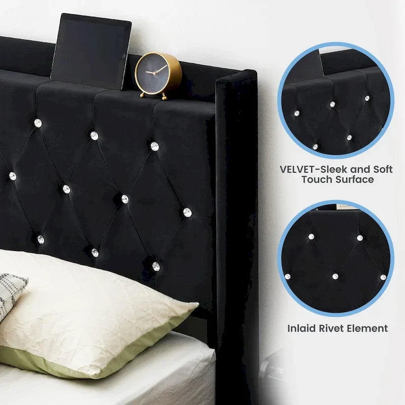 Struttura letto in velluto sospesa con luci LED