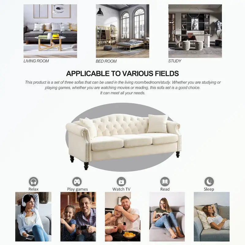 Tufted Three-Seat Sofa with Rolled Arms and Nailhead Trim