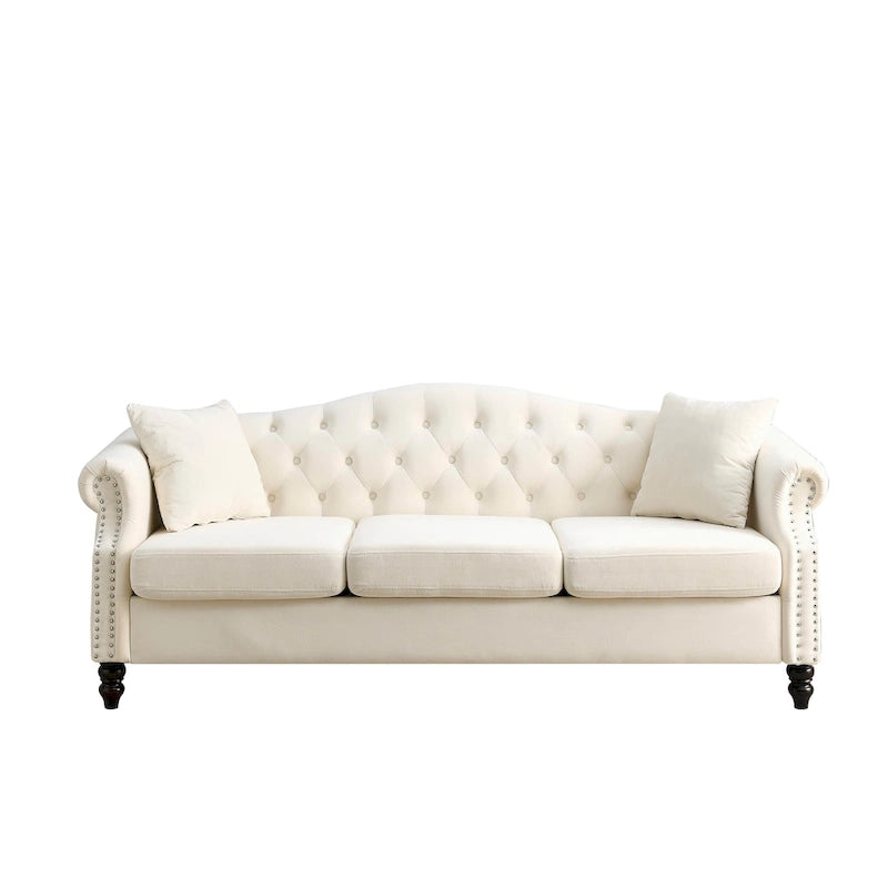 Tufted Three-Seat Sofa with Rolled Arms and Nailhead Trim