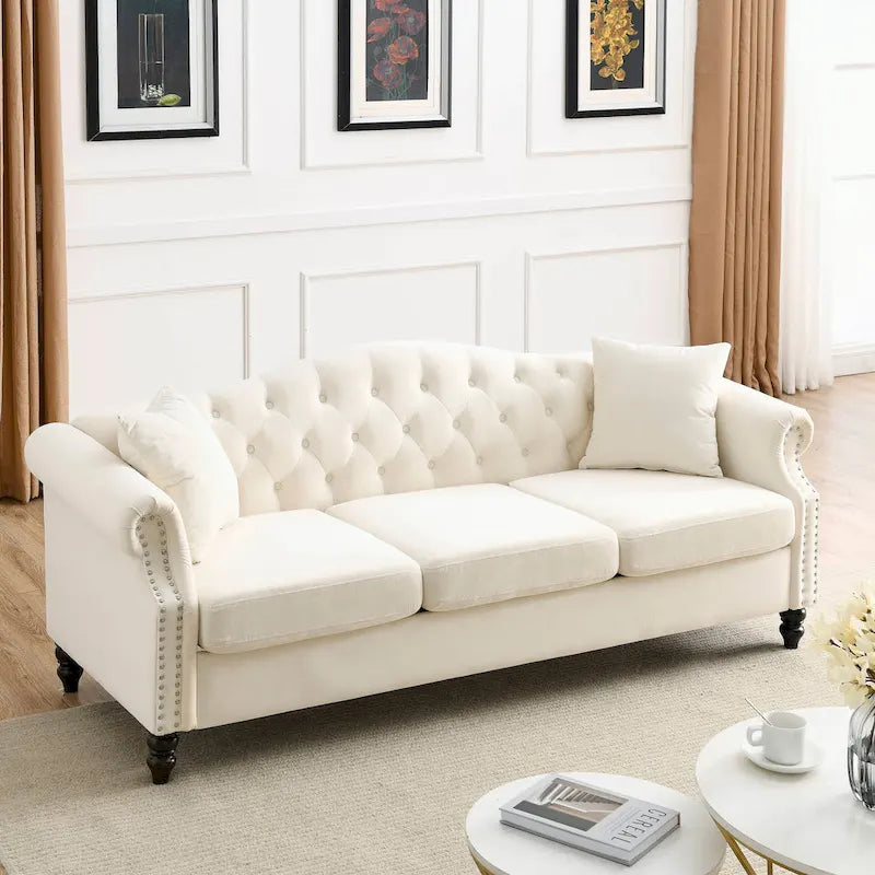 Tufted Three-Seat Sofa with Rolled Arms and Nailhead Trim