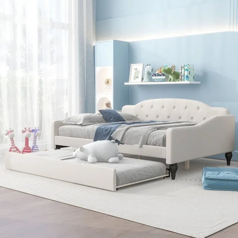 Letto da giorno imbottito matrimoniale con letto estraibile singolo