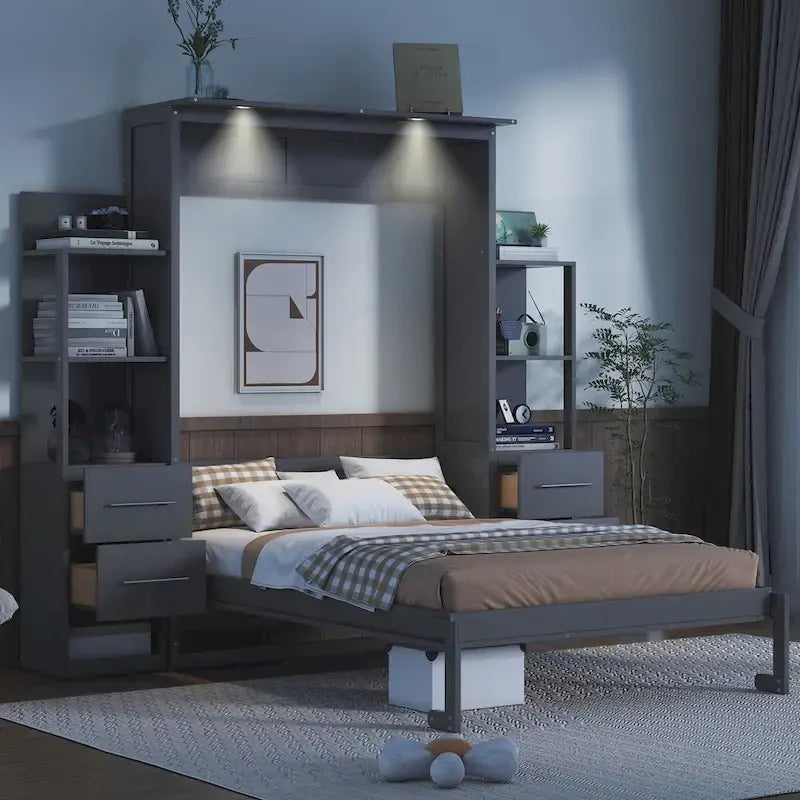 Letto a scomparsa matrimoniale con ripiani, cassetti e luci LED
