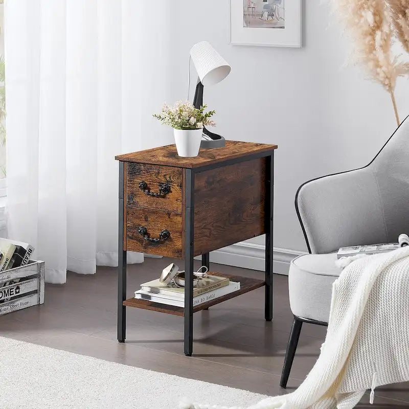 Industrial 2-Drawer Nightstand Narrow End Side Table