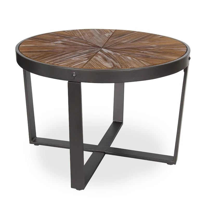Runder Couchtisch mit Holzplatte im Starburst-Design und Metallbeinen