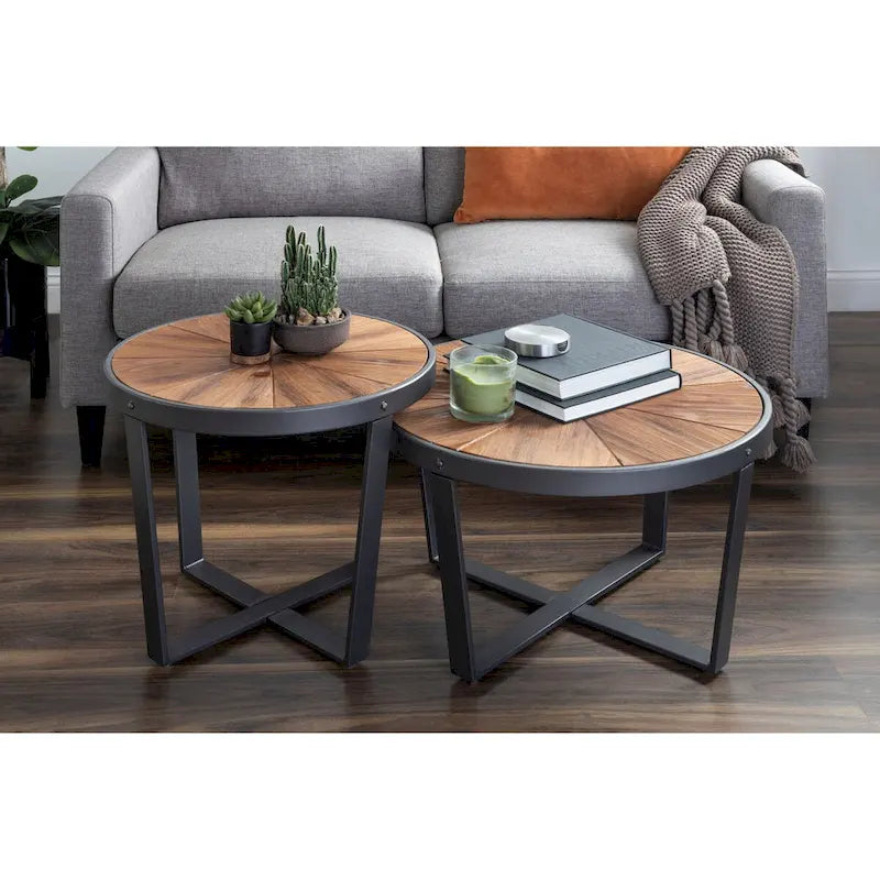 Runder Couchtisch mit Holzplatte im Starburst-Design und Metallbeinen