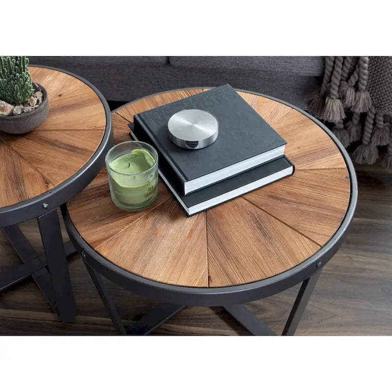 Runder Couchtisch mit Holzplatte im Starburst-Design und Metallbeinen