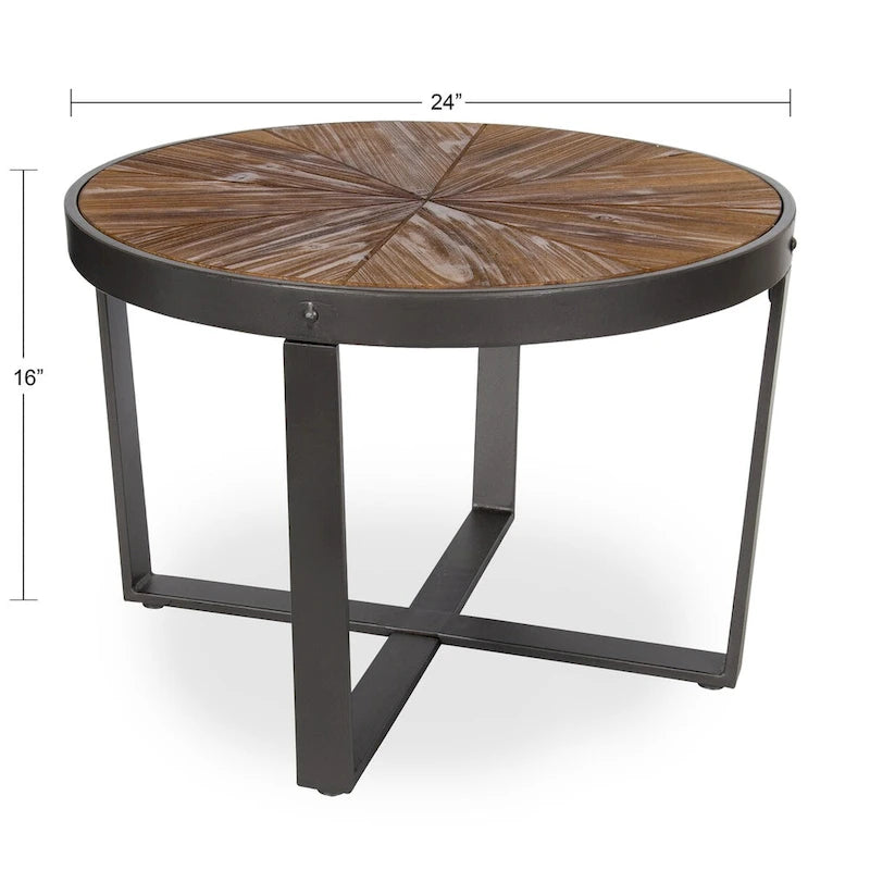 Runder Couchtisch mit Holzplatte im Starburst-Design und Metallbeinen