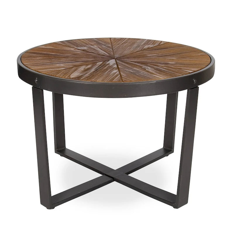 Runder Couchtisch mit Holzplatte im Starburst-Design und Metallbeinen