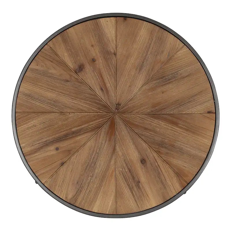 Runder Couchtisch mit Holzplatte im Starburst-Design und Metallbeinen