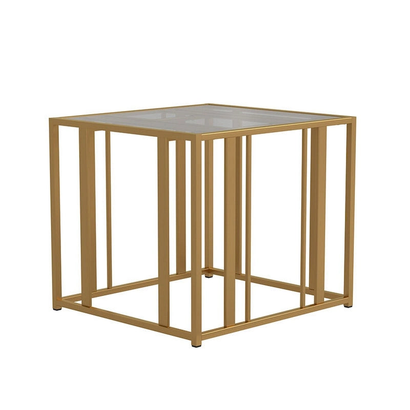 Glass Top End Table with Metal Tubular Base, Brass