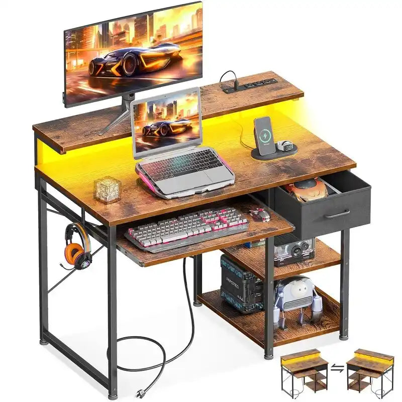 40-Zoll-Computertisch mit Steckdosen und ausziehbarer Tastaturablage
