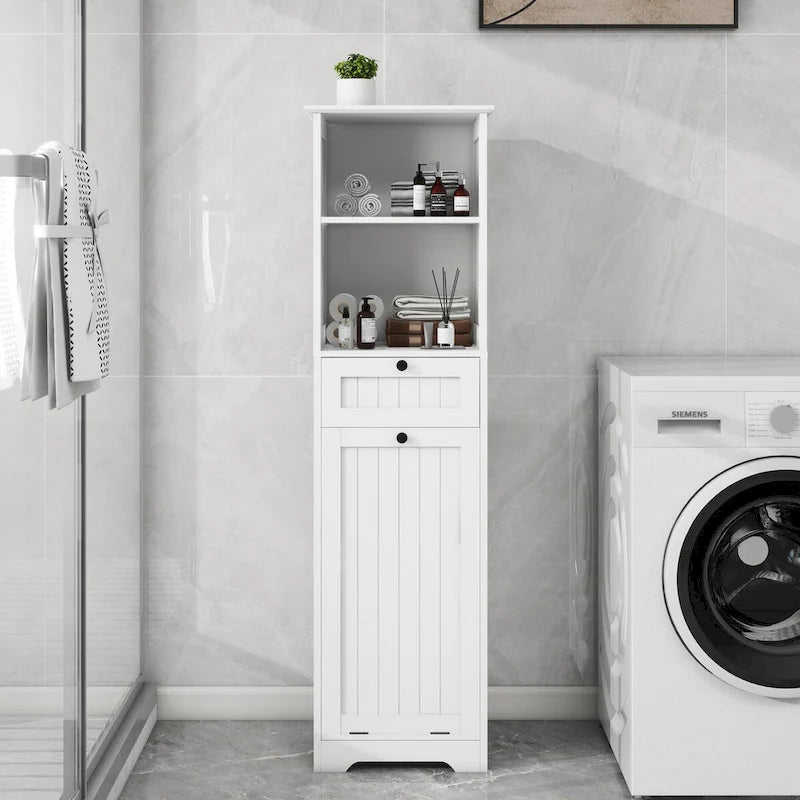 Weißer Wäschekorb-Schrank mit Klappe und Schublade