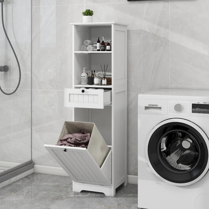 Weißer Wäschekorb-Schrank mit Klappe und Schublade