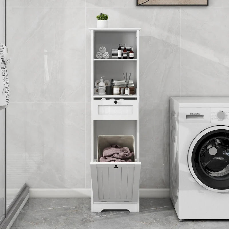 Weißer Wäschekorb-Schrank mit Klappe und Schublade