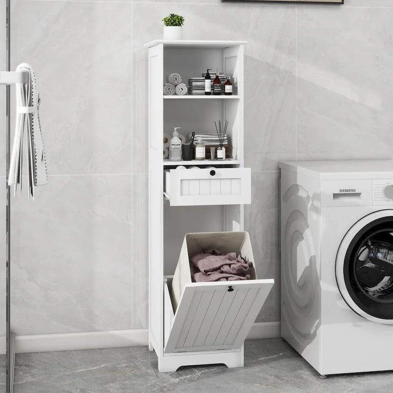 Weißer Wäschekorb-Schrank mit Klappe und Schublade