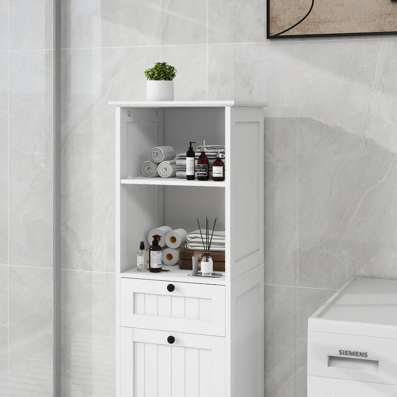 Weißer Wäschekorb-Schrank mit Klappe und Schublade