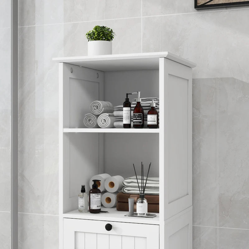 Weißer Wäschekorb-Schrank mit Klappe und Schublade